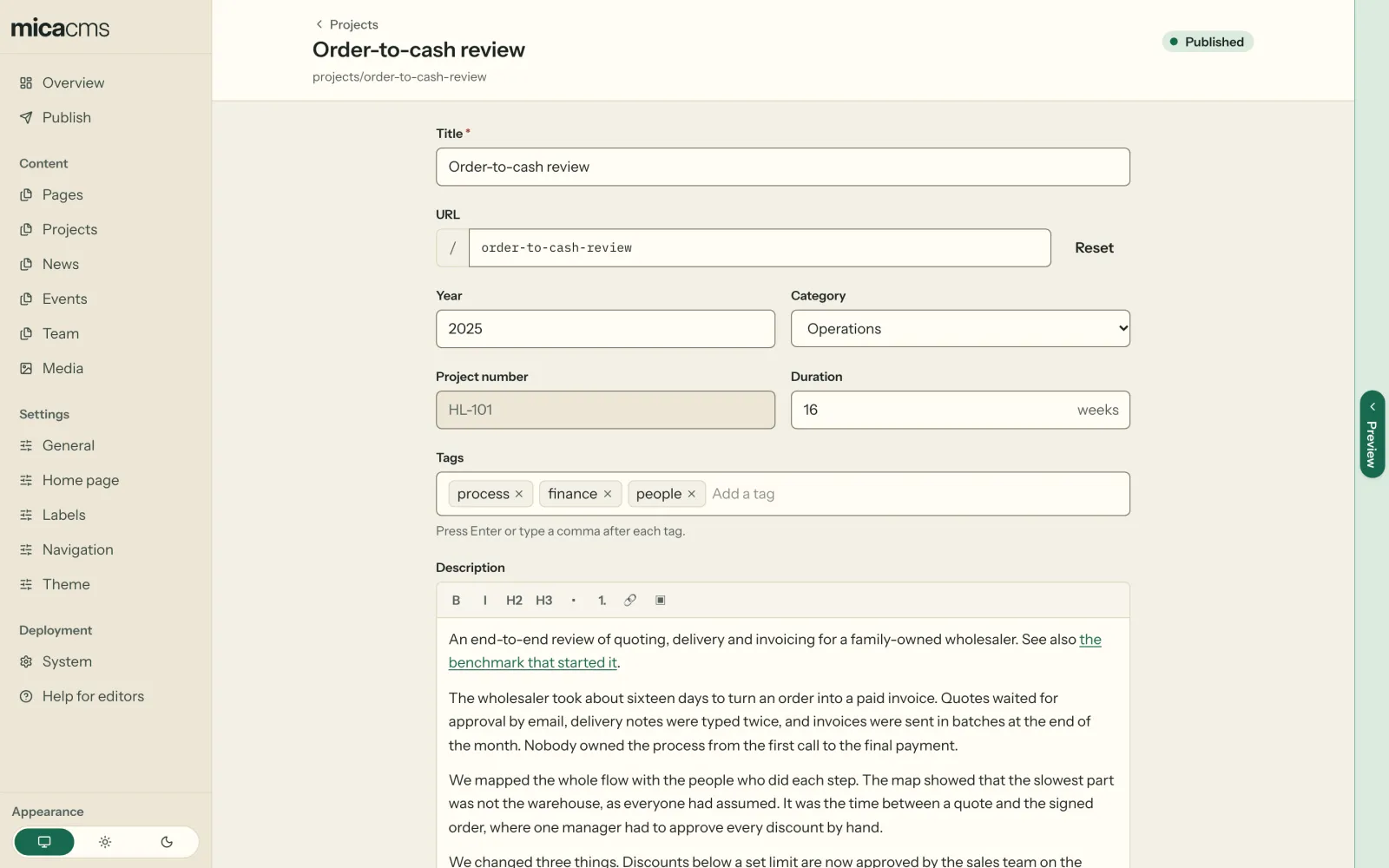 The form of a project, with its status Published at the top, and the folded preview at the right edge