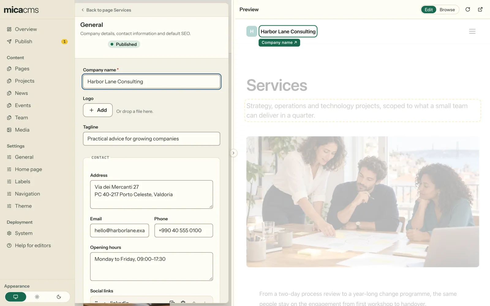 A click on the company name in the page header: the form of the General settings opens over the form of the page, with "Back to page Services" at the top. In the preview, the name has an outline and the label Company name.