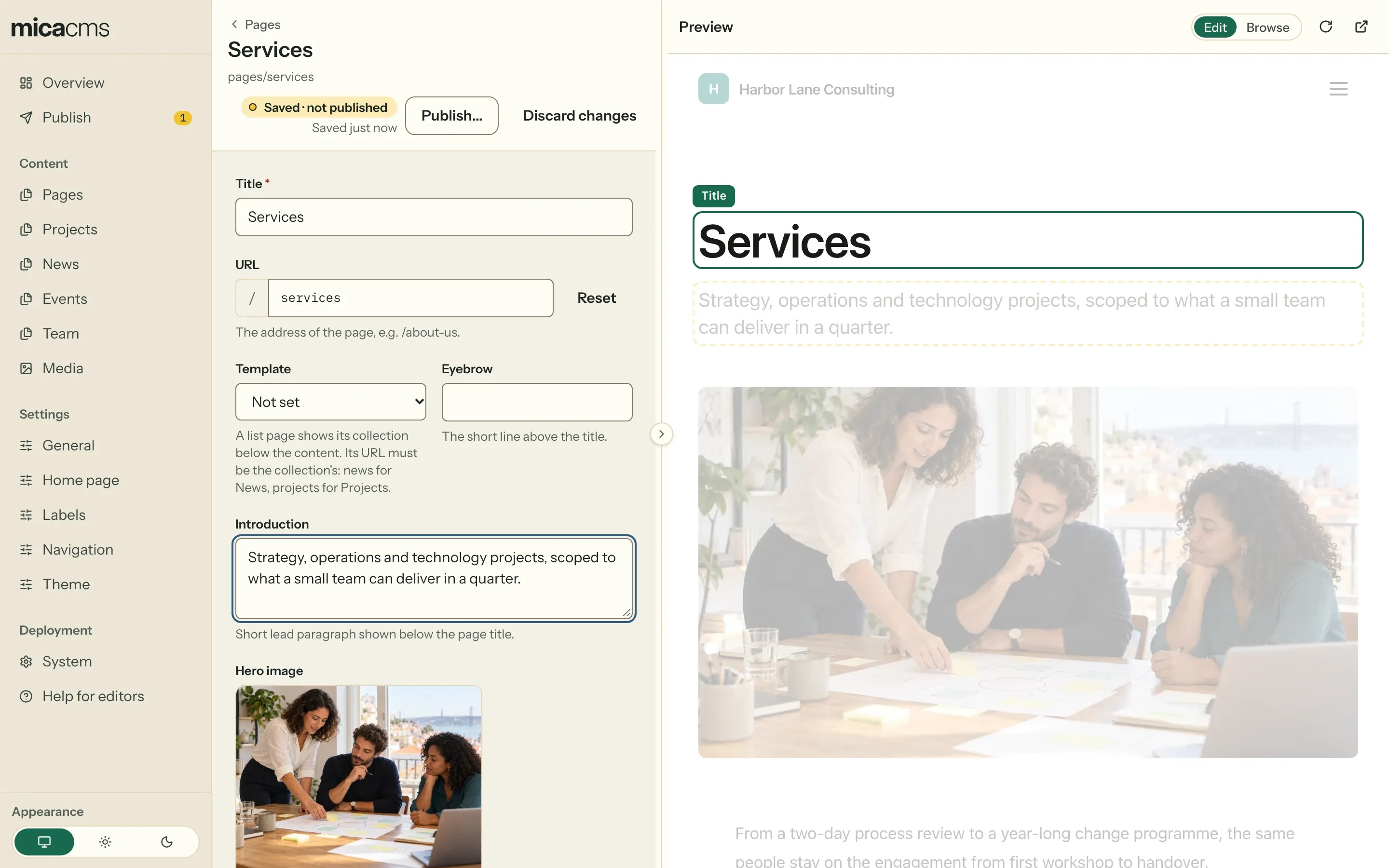 The Mica editor with the form of the Services page on the left and the live preview of the page on the right. The page heading has an outline and the label Title, and the changed introduction has a dashed outline.