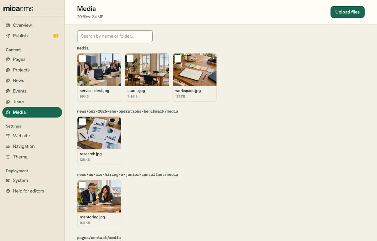 The Media page: the files in folders, with a preview and a box to select each one
