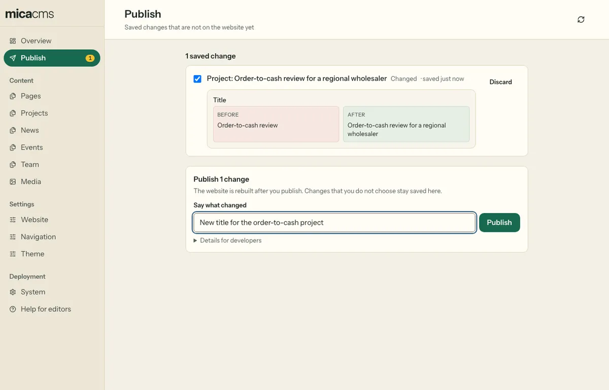 The Publish page: one saved change, its value before and after, and the field "Say what changed"
